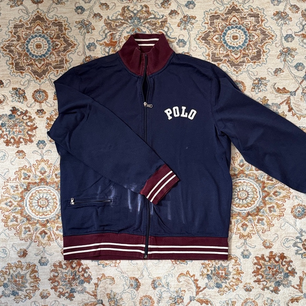 Vintage Polo by Ralph Lauren Men's Blue Bomber Jacket with Maroon Accents